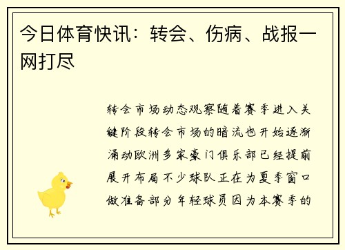 今日体育快讯：转会、伤病、战报一网打尽